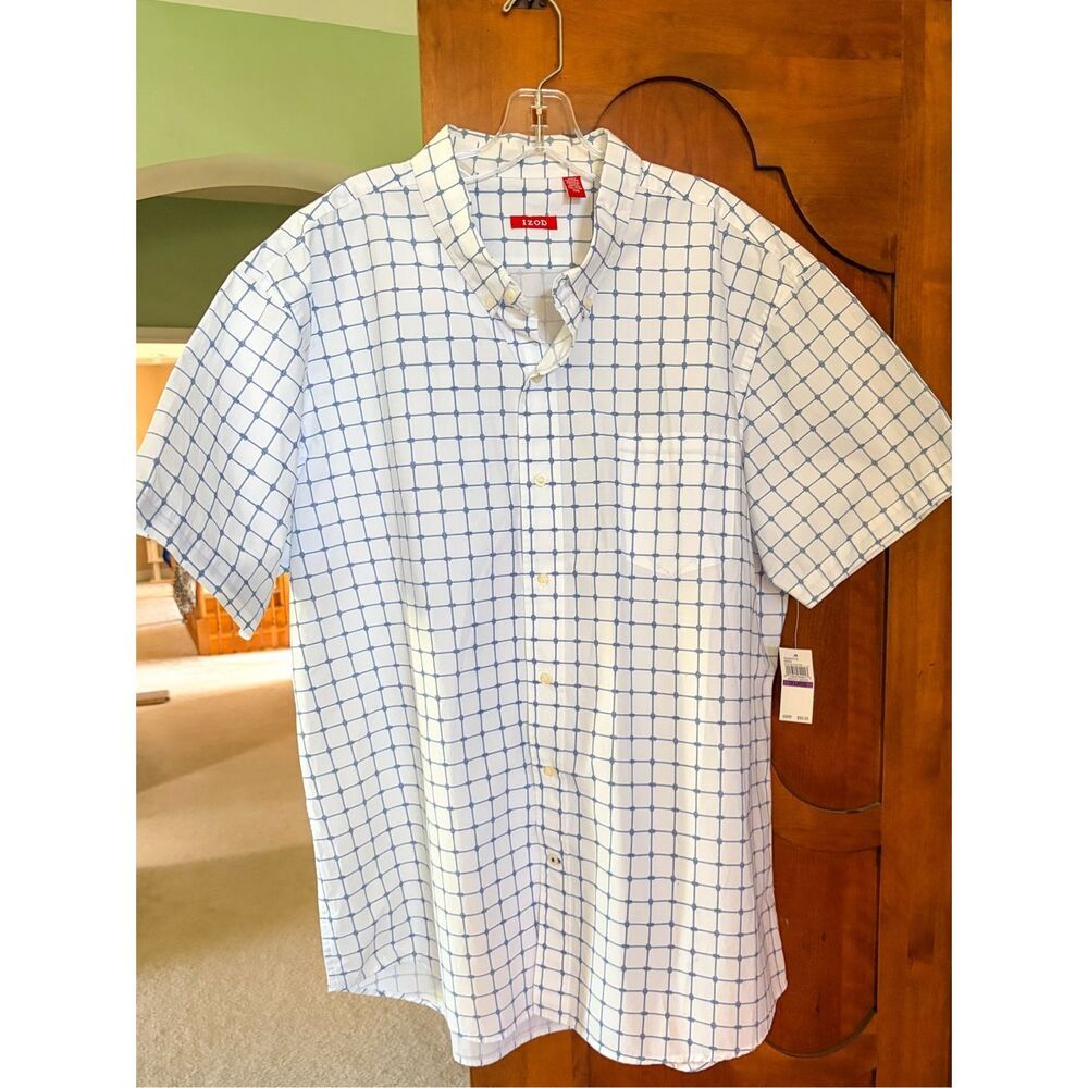 NWT IZOD Men's Cotton Short Sleeve Checkered Button Down Shirt White Blue 2XL